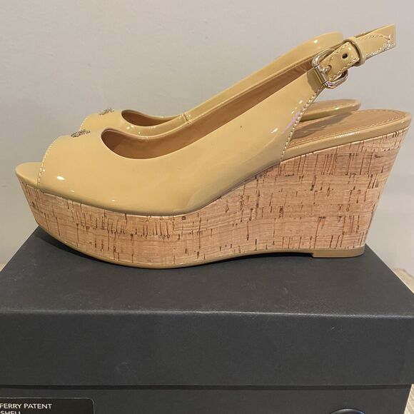 COACH Women's Tan Ferry Patent Shell Slingback Wedge Peep Toe Heels Shoes Size 7 - Picture 3 of 14